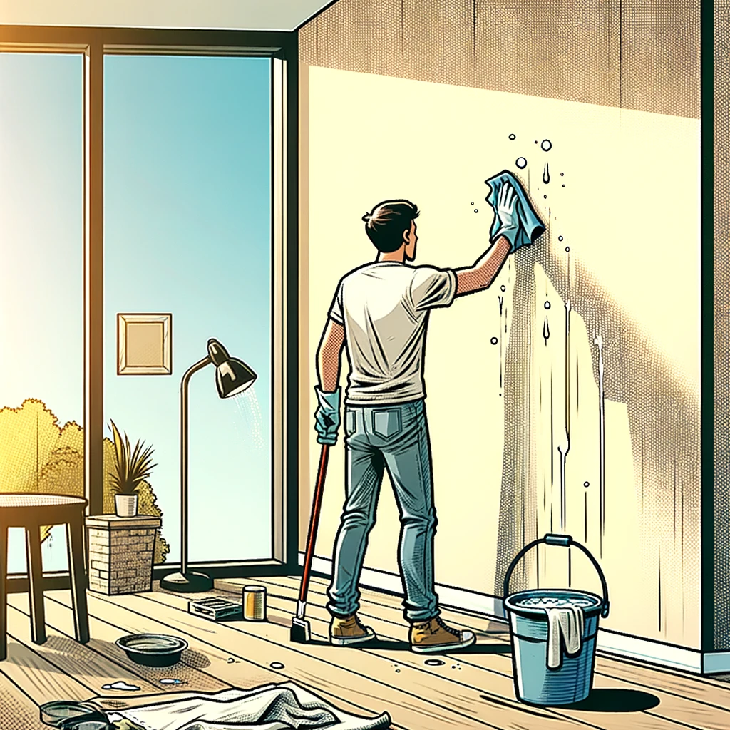 Ilustracion sobre Paso 1: Limpieza. La pared debe estar limpia y seca. Lava las paredes con un paño húmedo para eliminar el polvo y espera a que se sequen completamente.